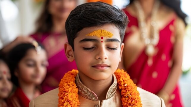 Elder sister applying tilak to her younger brother&rsquo;s forehead, surrounded by family and festive decor, symbolizing love and protection 