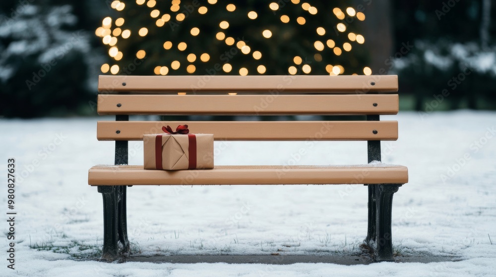 Poster empty park bench with a single wrapped gift and a handwritten note, under a snow-covered tree with c