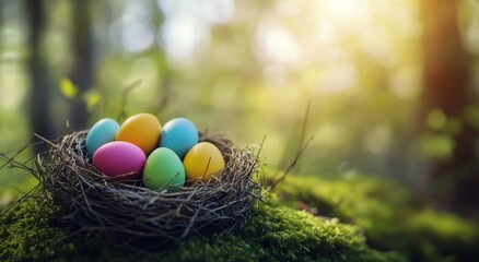 Colorful Easter eggs nestled in a natural nest surrounded by greenery during spring sunlight