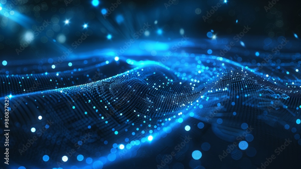 Poster abstract blue digital landscape with glowing particles during a nighttime setting, creating a sense 