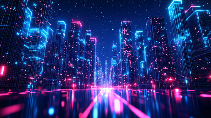 Fototapeta premium Cyberpunk Neon City Street With High-Tech Urban Design And Blue Pink Glowing Skyscrapers