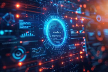 Obraz premium Dynamic digital interface showcasing advanced technology with vibrant data visualizations and glowing elements in a futuristic setting
