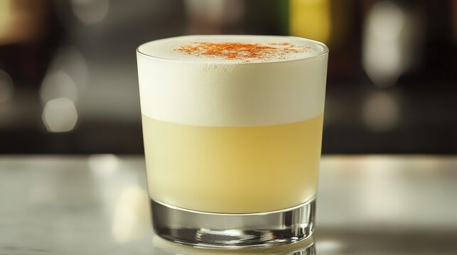 Illustrate a stylish pisco sour, with its smooth, frothy top and a sprinkle of bitters, served in a rocks glass.