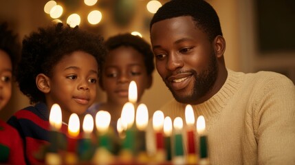 Family gathering at a Kwanzaa table, with a father lighting the candles while children watch in awe, festive decorations around 