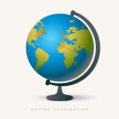 Realistic world globe with stand, vector illustration on white background. Globe of planet Earth for concept of kids learning or world traveling