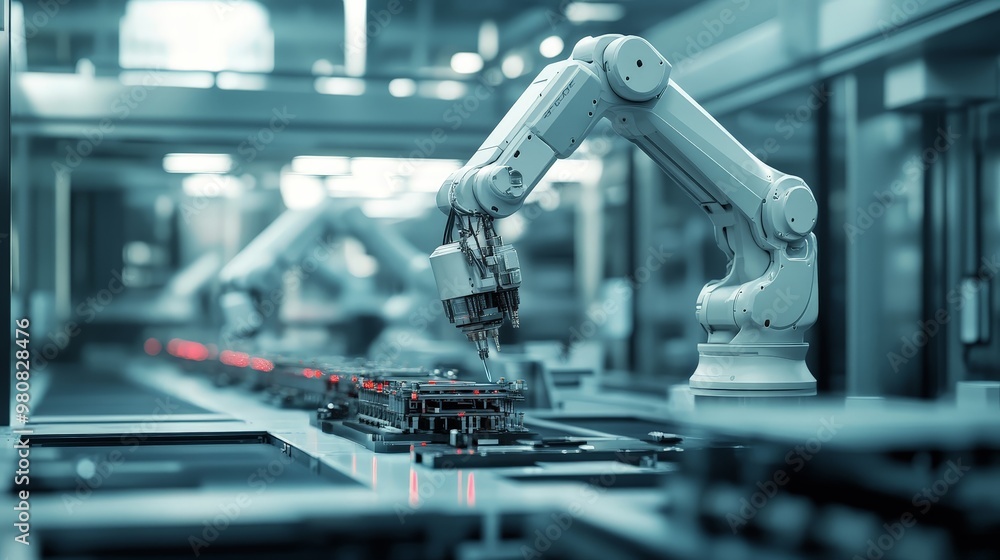 Poster in a state-of-the-art manufacturing facility, automated robotic arms assemble products with precisio