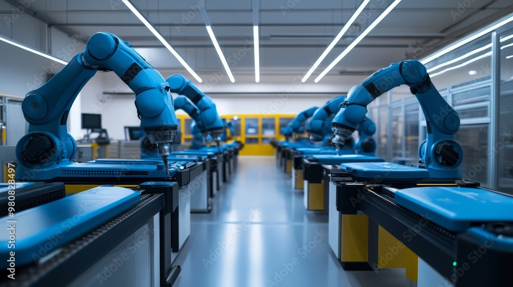 Poster in a state-of-the-art manufacturing facility, automated robotic arms assemble products with precisio