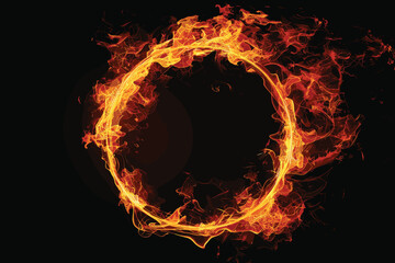Realistic single fire burning frame, circle, round, ring of fire flame black background. Vector illustration