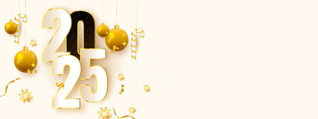 2025 Happy New Year Background with festive christmas ornaments. Design for greeting card, banner and wallpaper. Vector illustration.