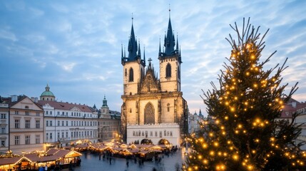 Fototapeta premium Festive Christmas market at the foot of Prague's Old Town Square, surrounded by Gothic architecture and warm glowing lights 