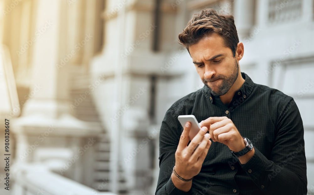 Aufkleber thinking, phone and search with man in city for communication, social media or connection. networkin