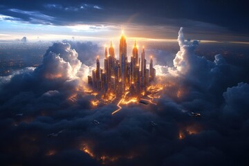 Fototapeta premium A futuristic city floating among the clouds, featuring glowing towers