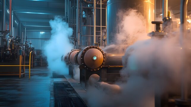 A pipe with a valve on it is covered in steam. The steam is coming out of the valve and is rising up into the air
