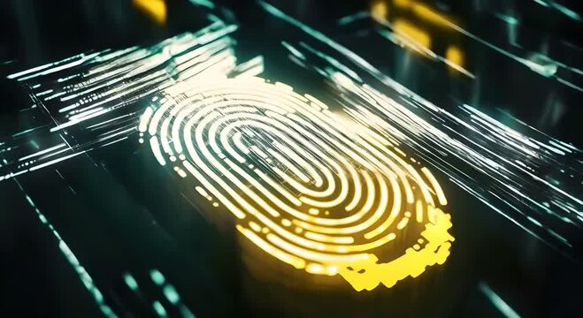 Futuristic digital fingerprint on dark background illustrating advanced digital identification, cutting edge security technology, modern tech