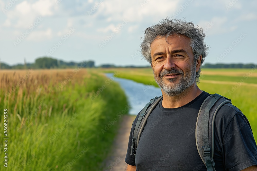 Aufkleber a man with a beard and gray hair is smiling and wearing a backpack. he is standing in a field with a