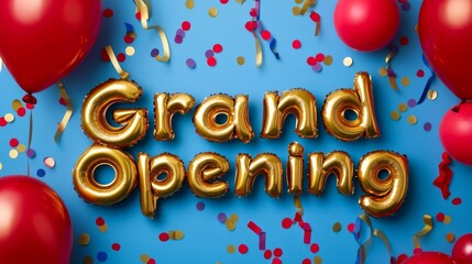 Grand Opening in bold, elegant letters on a vibrant, festive background with confetti, streamers, and balloons in red, gold, and blue 