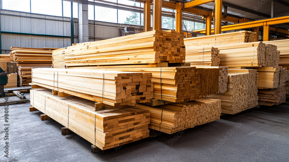Poster neatly stacked wood planks in a large timber warehouse await use