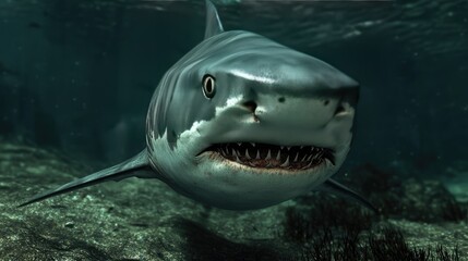 Fototapeta premium A close-up of a tiger shark swimming along the ocean floor, showcasing its powerful body and distinct markings.