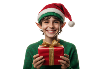 A joyful child dressed in a festive red and green Christmas elf costume holds a glittering golden present with a ribbon. Png, Isolated die cute on white bg. 