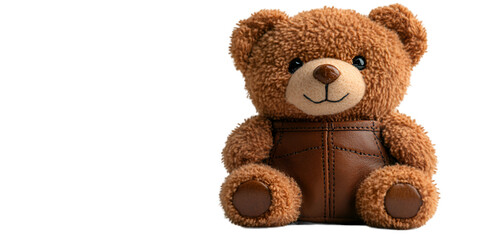 Obraz premium a plush brown teddy bear, sitting upright with a friendly smile. The bear features soft, fluffy fur, with a slightly worn leather pouch around its middle, giving it a vintage charm. 