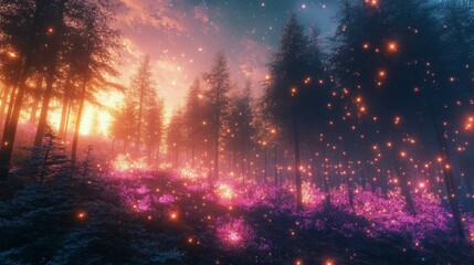 Fototapeta premium A vibrant forest awakening at dawn with colorful flowers blooming under morning light