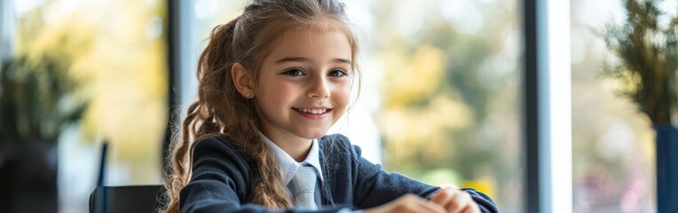 Fototapeta premium Smiling Schoolgirl Writing in Notebook at Desk