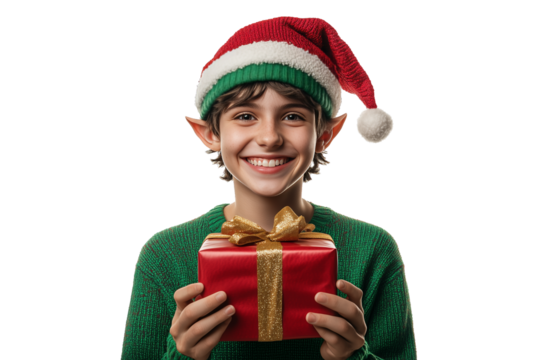 A joyful child dressed in a festive red and green Christmas elf costume holds a glittering golden present with a ribbon. Png, Isolated die cute on white bg.  - Powered by Adobe
