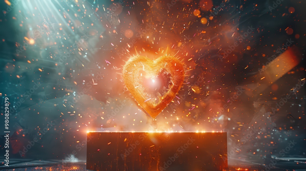 Poster a glowing heart shape surrounded by sparkles and light, symbolizing love and passion in a dynamic vi