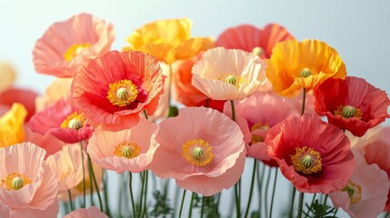 Obraz premium Colorful poppy flowers arranged beautifully on a white background during springtime