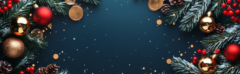 Festive holiday decorations with red ornaments, pine branches, and snowflakes on a dark backdrop