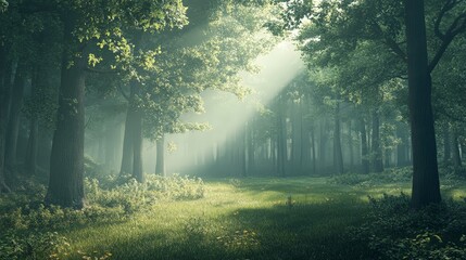 Obraz premium Render a 3D scene of a serene forest, with detailed trees, soft lighting, and a sense of peace and tranquility in nature.