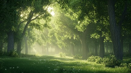 Obraz premium Render a 3D scene of a serene forest, with detailed trees, soft lighting, and a sense of peace and tranquility in nature.