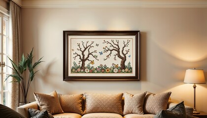 Beautiful embroidery artwork of trees and flowers framed on the wall above cozy sofa