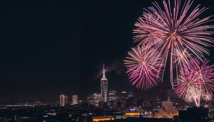 Spectacular fireworks display over city skyline at night with vibrant colors
