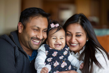 Fototapeta premium Candid moment of young Indian parents and their little daughter having fun together in their home