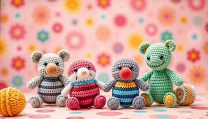 Adorable crochet plush toys in bright colors on cheerful floral background 