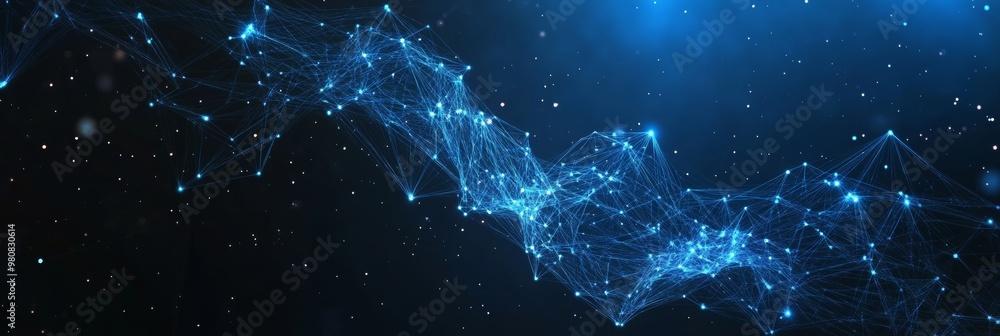 Poster dynamic blue network glowing particle trails on a dark background illustration render.