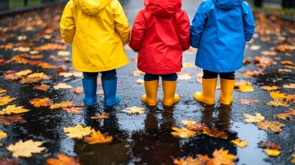 Kids in colorful raincoats and boots splashing in puddles surrounded by a kaleidoscope of fallen...