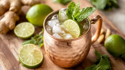 Show a chic Moscow mule, served in a copper mug filled with ice, lime, and ginger beer, garnished with a sprig of mint.
