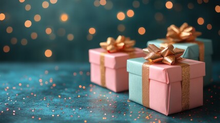 Fototapeta premium Beautifully wrapped pink gifts with golden bows on a sparkling background during festive season