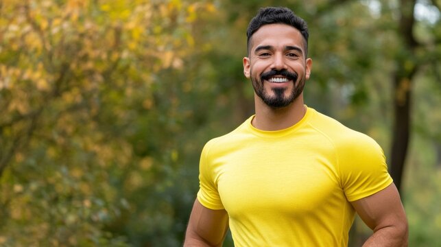 Man jogging in a park wearing a Movember charity t-shirt, smiling and sporting a bushy mustache 