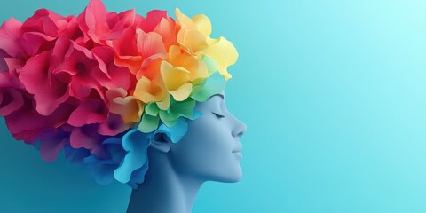 A blue mannequin head adorned with vibrant floral designs, showcasing colorful petals against a soft blue background.