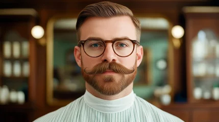 Man with a thick, bushy walrus moustache, wearing vintage glasses, in a dimly lit barbershop with old-fashioned decor 