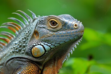 Fototapeta premium A lizard with a green and brown body and orange and white markings on its face. The lizard is looking at the camera