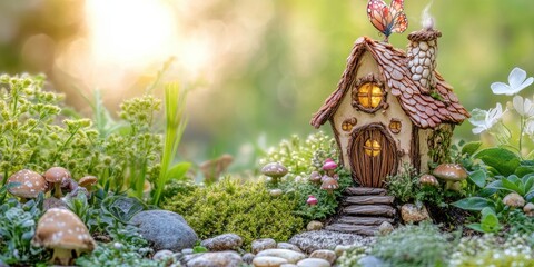 Fototapeta premium A charming miniature fairy house nestled in a lush garden, surrounded by greenery and mushrooms, evoking a magical atmosphere.