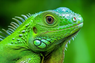 Obraz premium A green lizard with a green face and green body. The lizard is looking at the camera