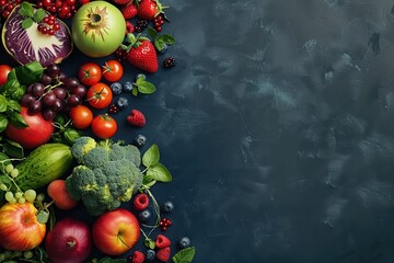 A vibrant array of fresh vegetables and fruits displayed artistically on a dark surface, perfect for health and nutrition themes.