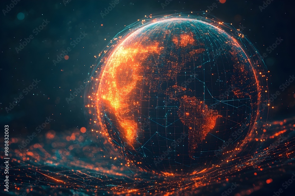 Poster futuristic blockchain technology world globe network concept for cryptocurrency and global business