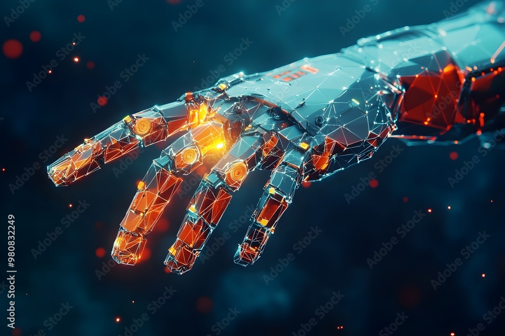 Poster futuristic robotic arm in polygon hud background showcasing automation and technology
