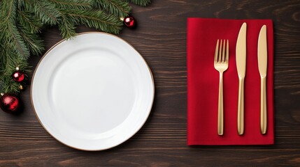 Minimalist Christmas table with white plates, red napkins, evergreen sprigs, and gold cutlery on a dark wood surface 